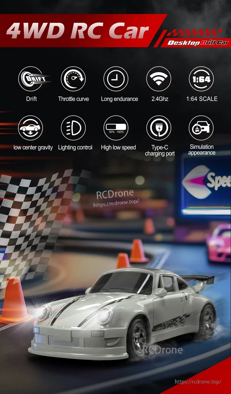 KF20 1:64 4WD Drift Rc Car, 1:64 scale 4WD RC car with drift, lighting control, Type-C charging, 2.4GHz remote, low center gravity, long battery life, and adjustable throttle for high/low speed simulation.