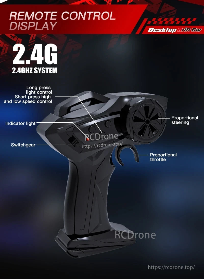 KF20 1:64 4WD Drift Rc Car, 2.4G remote with proportional steering, throttle, lights, switches, and speed control for desktop drift car.