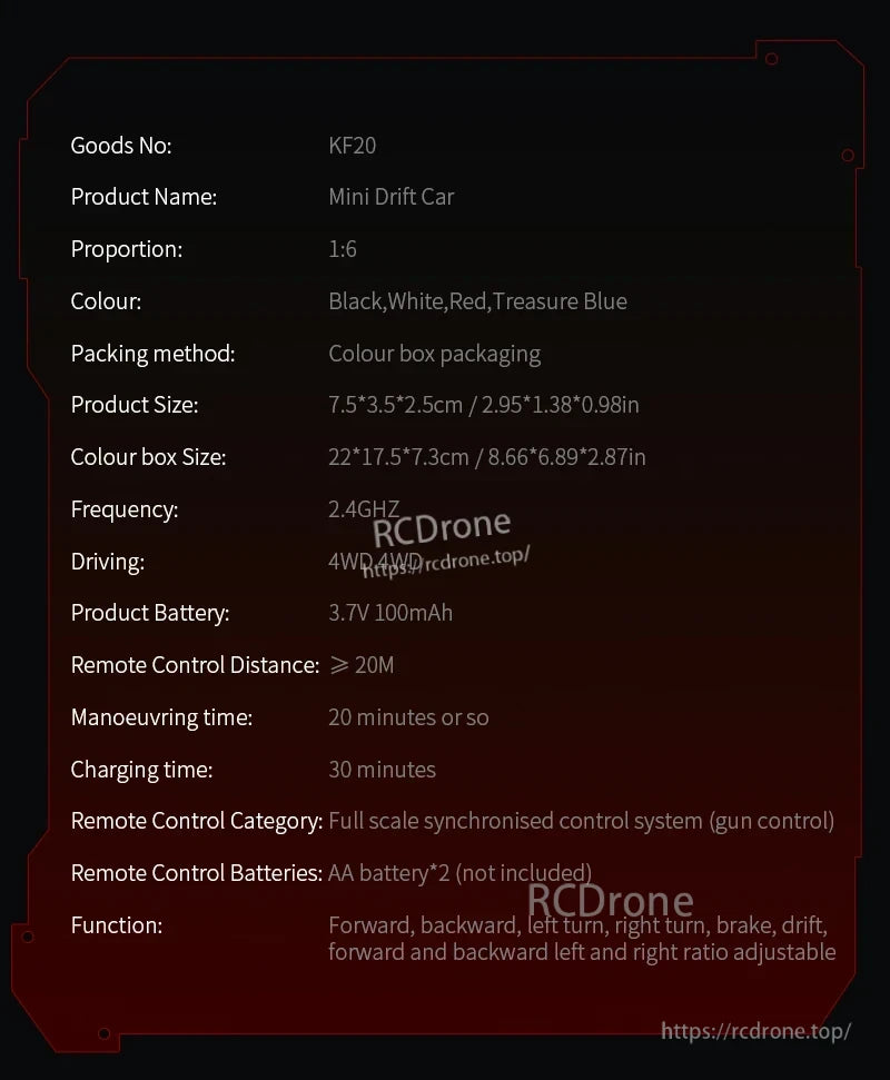 KF20 1:64 4WD Drift Rc Car, KF20 Mini Drift Car: 1:6 scale, 4WD, 2.4GHz remote, 3.7V battery, 20m range, 20-min runtime, 30-min charge. Supports drift, adjustable speed. Colors: black, white, red, treasure blue.