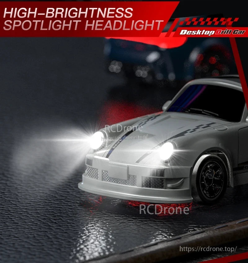 KF20 1:64 4WD Drift Rc Car, Glowing silver drift car model with high-brightness spotlight, sleek design, dynamic pose on textured surface.