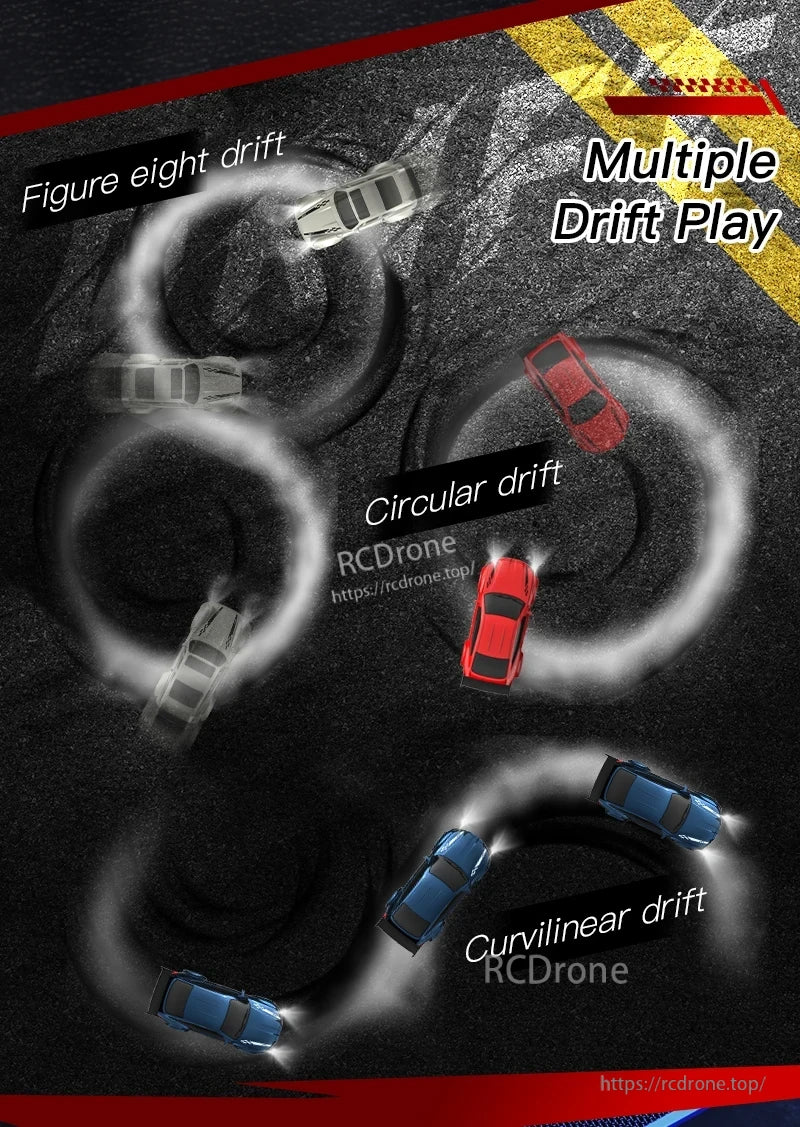 KF20 1:64 4WD Drift Rc Car, Multiple Drift Play: Figure eight, Circular, Curvilinear drift patterns demonstrated.