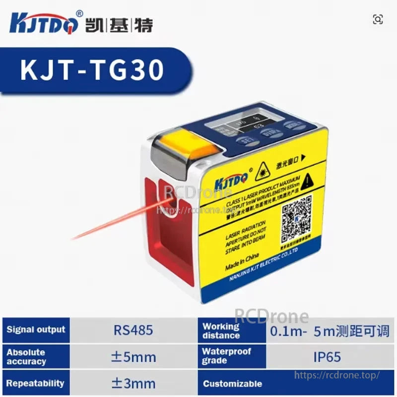 KJT TG30 Laserafstandssensor, 5 m bereik, 650 nm Klasse 1, 0–10 V/4–20 mA/RS485, IP65, 9–36 V, 1 kHz