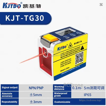 KJT TG30 Laserafstandssensor, 5 m bereik, 650 nm Klasse 1, 0–10 V/4–20 mA/RS485, IP65, 9–36 V, 1 kHz