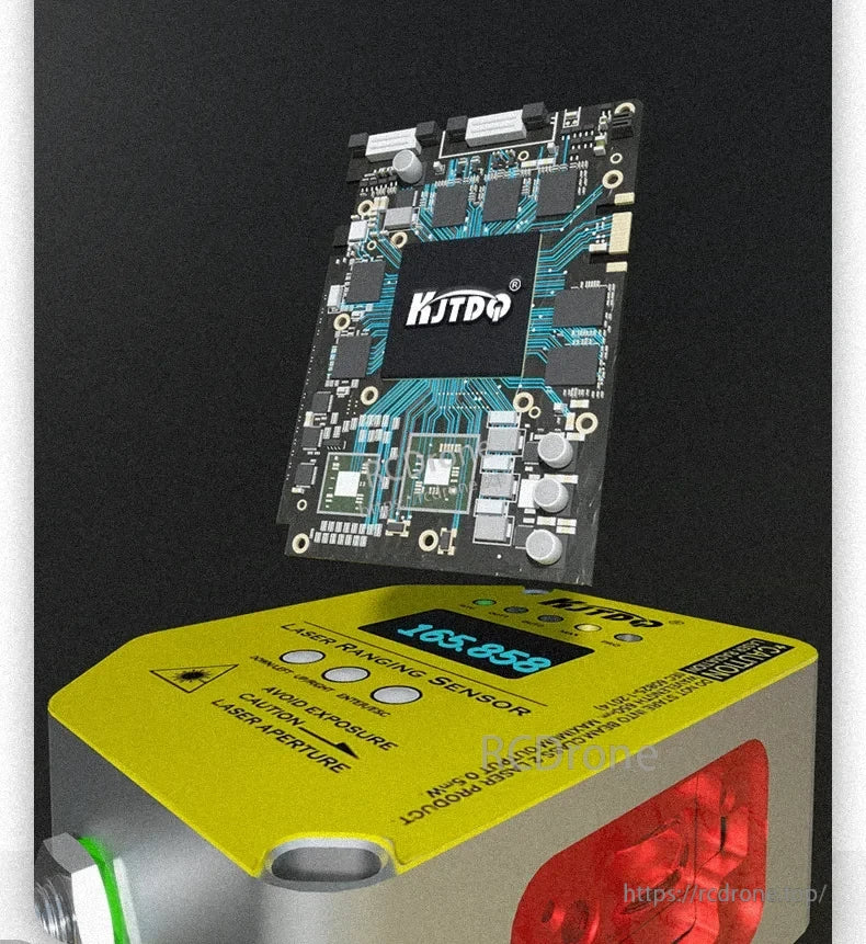 KJT TLS-05C Laser Displacement Sensor, KJT TLS-05C laser sensor, 165.858 mm range; caution: avoid direct laser exposure to prevent injury.