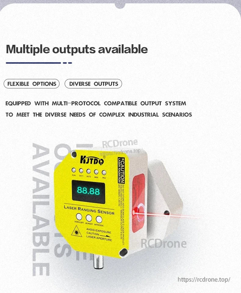 KJT TLS-05C Laser Displacement Sensor, KJT TLS-05C laser sensor features multiple outputs, digital display, industrial design, and indicators for run, out1, out2, max, and pro.