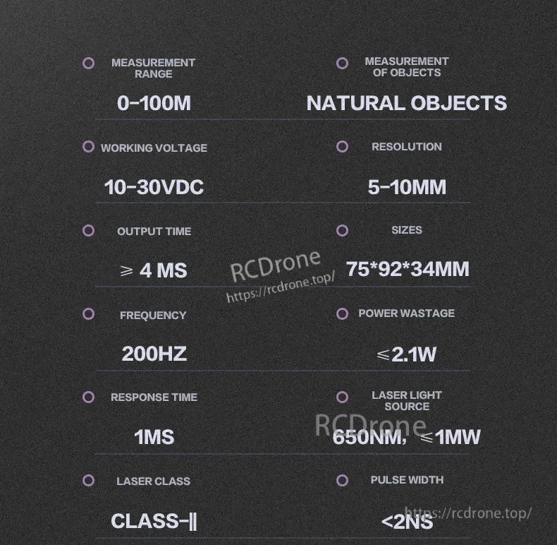 KJT TLS-05C Laser Displacement Sensor, Laser sensor: 0–100m range, 5–10mm resolution, 200Hz frequency, 1ms response, <1mW 650nm laser, Class II, ≤2.1W power, 75×92×34mm size, ≥4ms output time.
