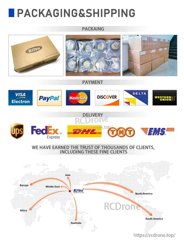KJT TLS-05C Laser Displacement Sensor, KJTDQ uses branded cardboard packaging and global carriers like UPS, FedEx, and DHL for secure international shipping, accepted worldwide with multiple payment options.