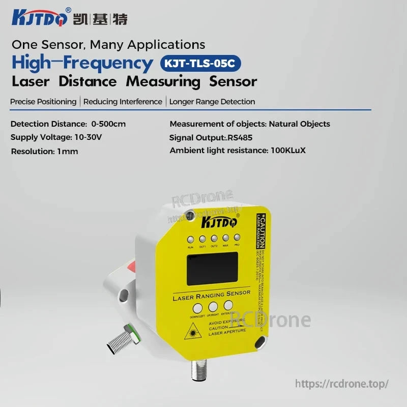 KJT TLS-05C Laser Displacement Sensor, High-frequency laser sensor: 0–500cm range, 1mm resolution, RS485, 10–30V, IP65, natural object detection, 100KLux ambient light resistance.
