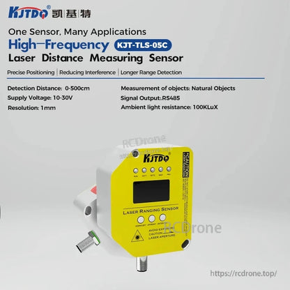 KJT TLS-05C Laser Displacement Sensor, High-frequency laser sensor: 0–500cm range, 1mm resolution, RS485, 10–30V, IP65, natural object detection, 100KLux ambient light resistance.