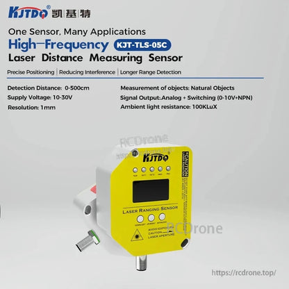 KJT TLS-05C Laser Displacement Sensor, KJT-TLS-05C laser sensor: 0–500cm range, 1mm resolution, 10–30V, analog + switching output, 100KLux light resistance, IP65, Class 1 red laser.