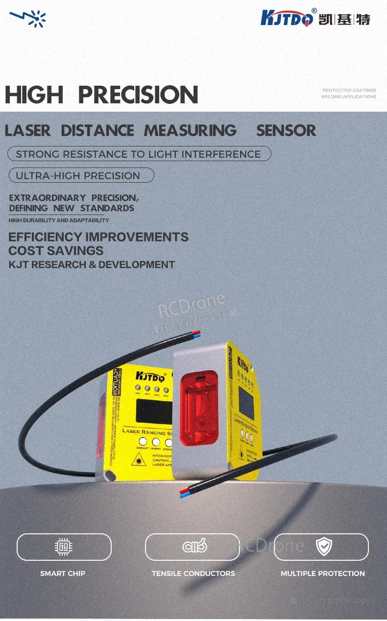 KJT TLS-05C Laser Displacement Sensor, High-precision laser sensor resists light interference, offers ultra-high accuracy, durability, and adaptability with smart chip, tensile conductors, and multiple protections for efficiency and cost savings.