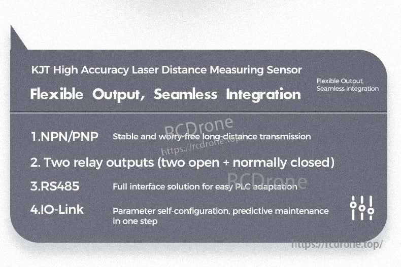 KJT TLS-05C Laser Displacement Sensor, High-accuracy laser sensor with NPN/PNP, dual relay, RS485, and IO-Link for stable transmission, easy PLC integration, and predictive maintenance. (22 words)