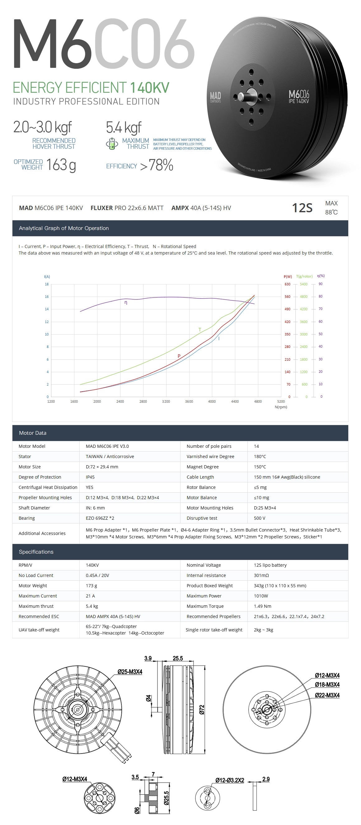 MAD M6C06 IPE V3 Drone Motor, High-performance drone motor with 140KV, 220KV, and 320KV options for industrial use.