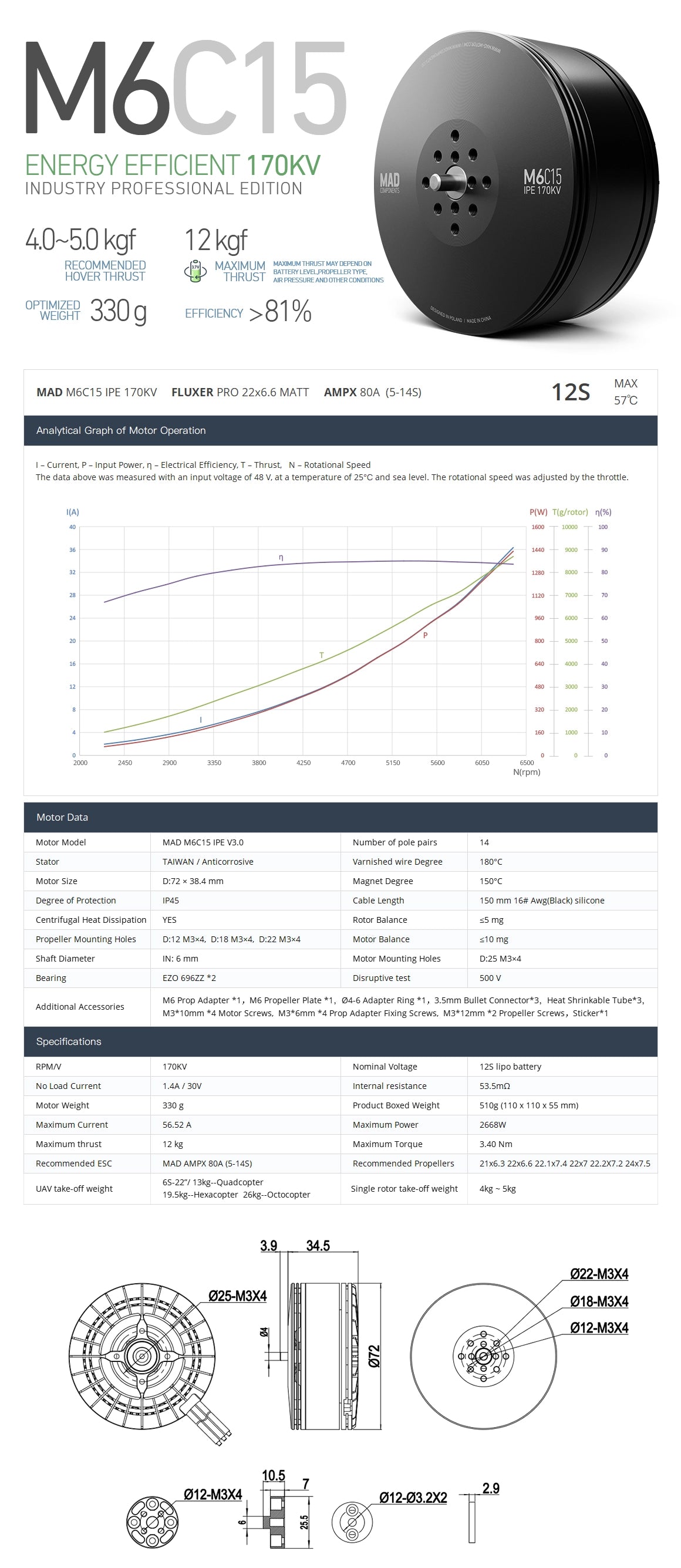 MAD M6C15 IPE V3 Drone Motor, High-performance drone motor with KV170/KV300 options for long flight times and precise control.
