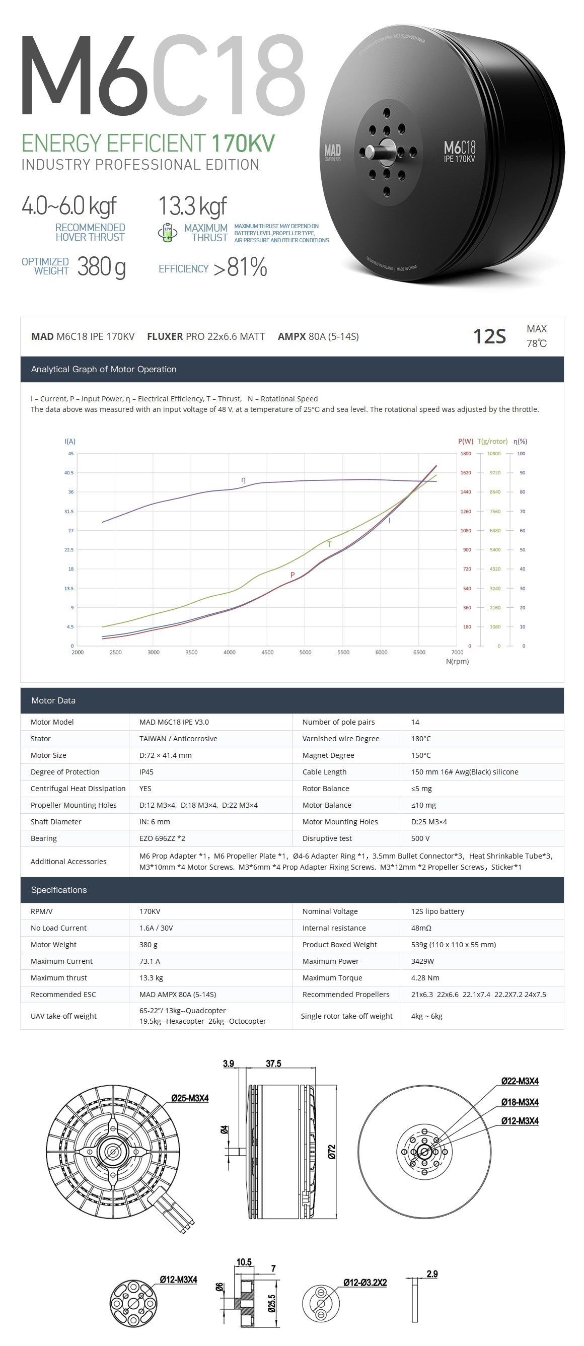 MAD M6C18 IPE V3 Drone Motor, Drone motor for quadcopters and hexacopters, available in 12S or 6S options with 170KV or 330KV brushless design.