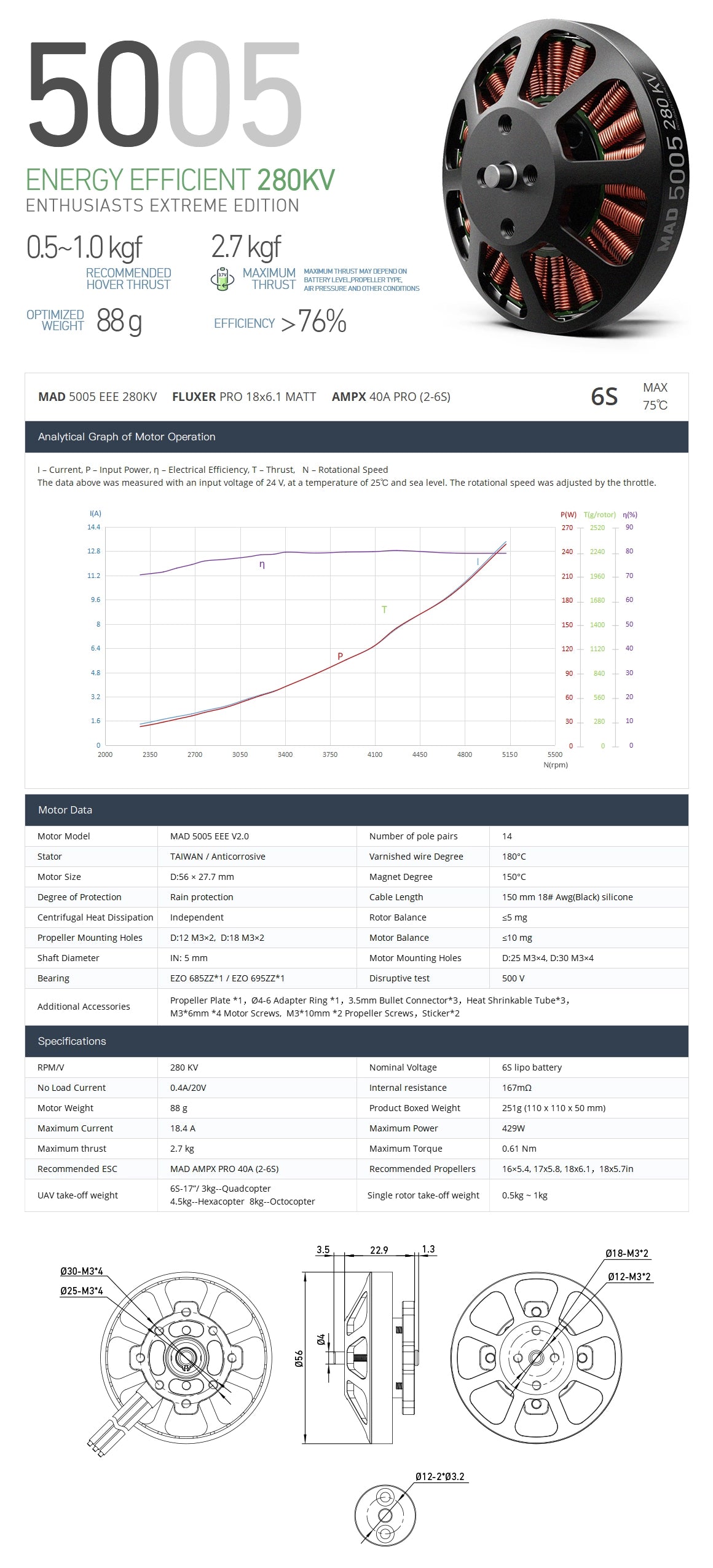 MAD 5005 EEE Drone Motor, Brushless motor for quadcopters, hexacopters, and octocopters with high thrust and various KV options.