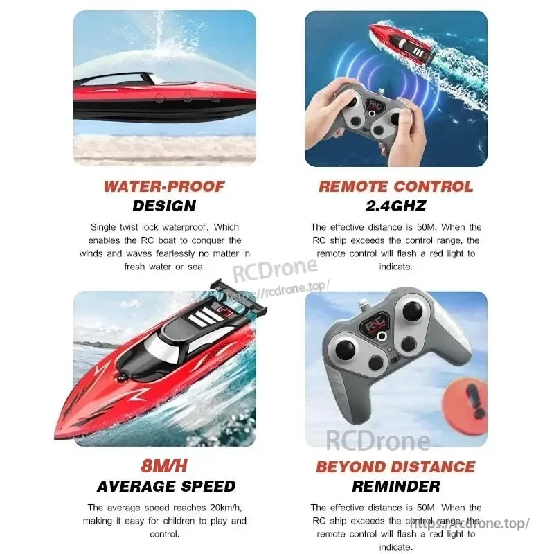 Kmoist 2.4GHz RC Boat, Waterproof drone with 2.4GHz remote (50M range), 8M/H speed, distance reminder, twist-lock seal, easy control, and red out-of-range alert.