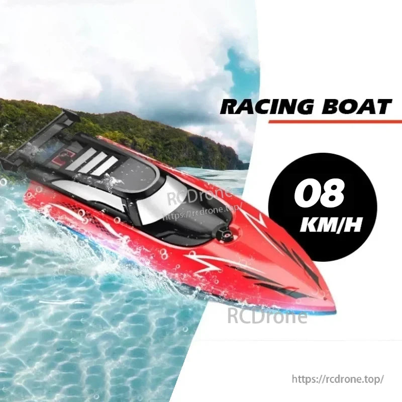 Kmoist 2.4GHz RC Boat with LED Lights, Dual Motor, and features like speed, range, and run time.