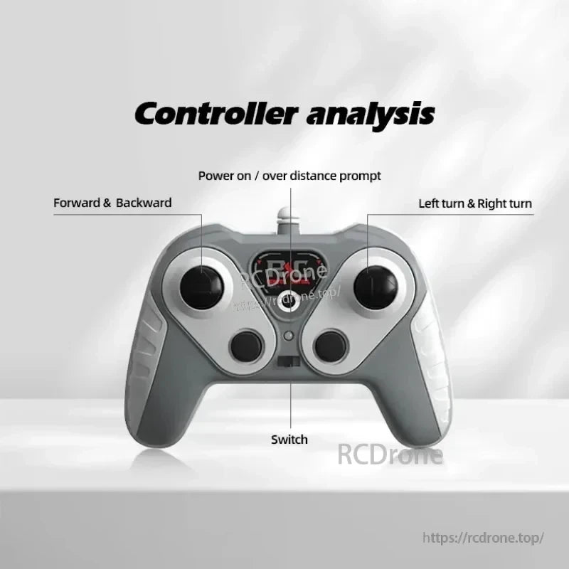 Kmoist 2.4GHz RC Boat, Controller functions include forward, backward, left/right turns, power on, distance alerts, and mode switching for drone operation.