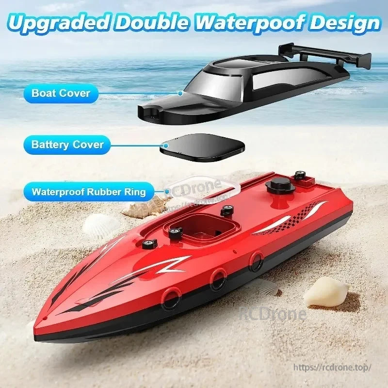 Kmoist 2.4GHz RC Boat, Upgraded double waterproof design with boat cover, battery cover, and rubber ring.
