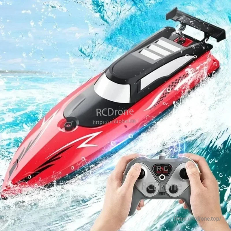 Kmoist 2.4GHz RC boat with LED lights, dual motor, 8 km/h speed, 50 m range, and 20 min run time.