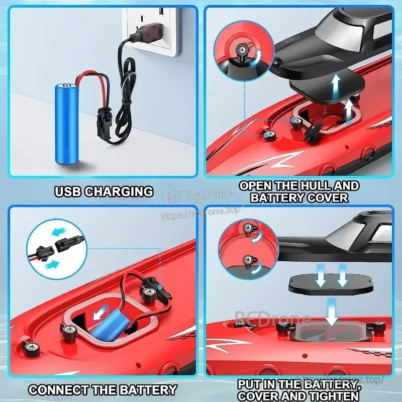 Kmoist 2.4GHz RC Boat, USB charging, open hull, connect battery, insert and tighten cover.