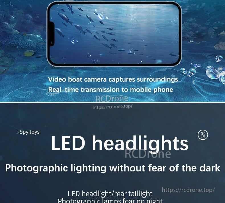 Kmoist WiFi FPV RC Boat, A video boat camera streams real-time footage to a mobile phone, with LED headlights providing lighting for clear photos, even in the dark.