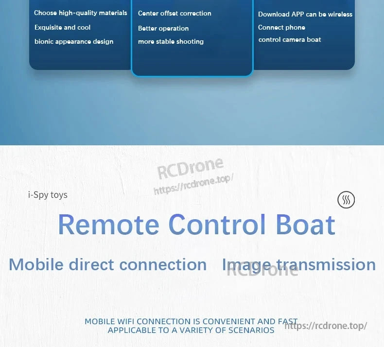 Kmoist WiFi FPV RC Boat, i-Spy Toys remote control boat features bionic design, WiFi streaming, app control, and stable operation for real-time video and interactive water exploration.