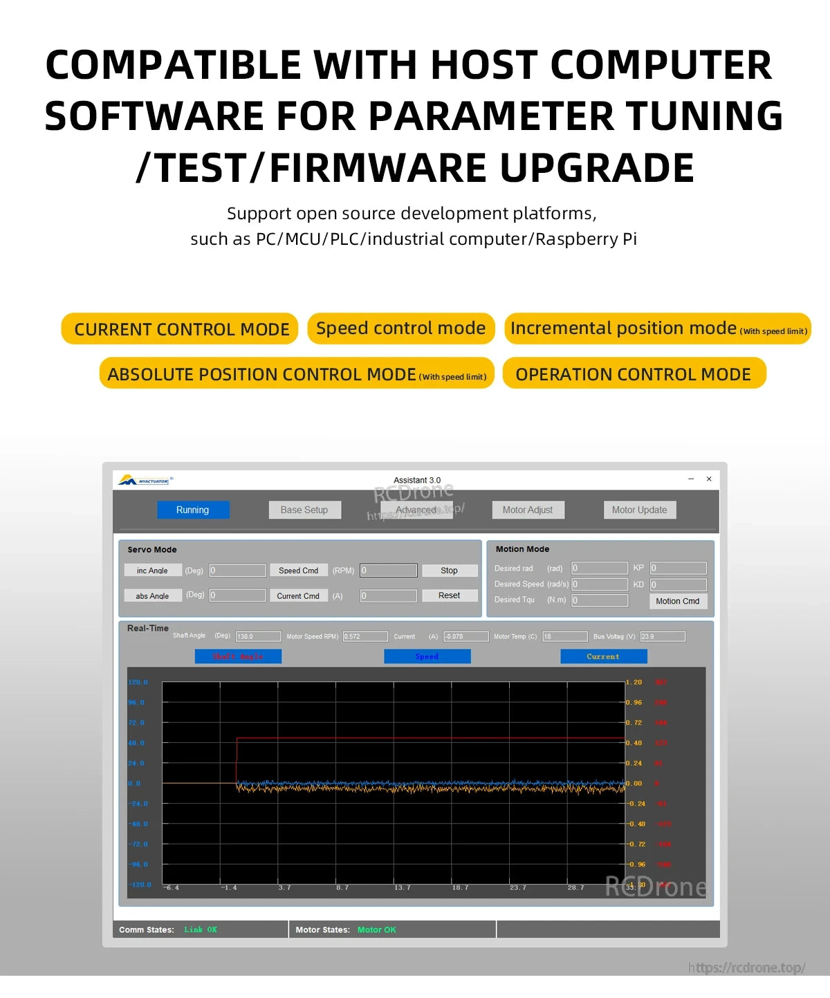 L-4015-20T Servo Motor, This servo motor supports open-source platforms and features various control modes, providing real-time data on speed, current, and angle.