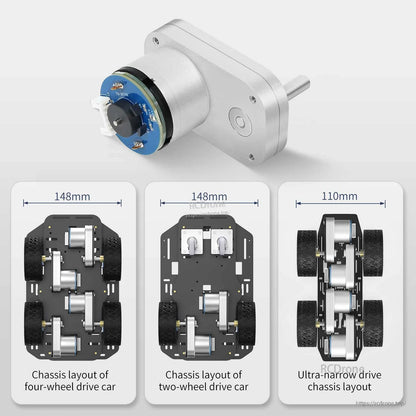 Gear motor shown with 4WD, 2WD, and ultra-narrow robot chassis layout examples and dimensions
