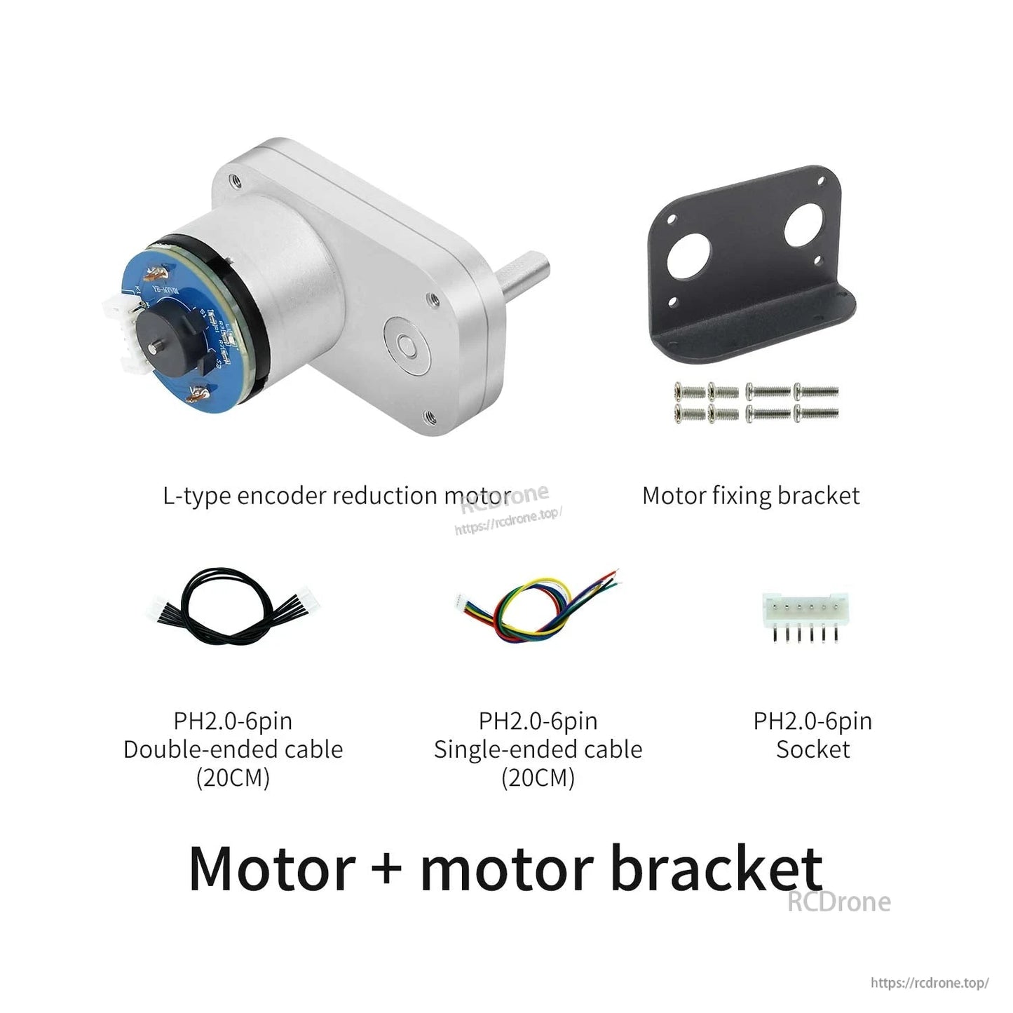 Motor + motor bracket kit with mounting screws, PH2.0 6-pin cables, and 6-pin socket