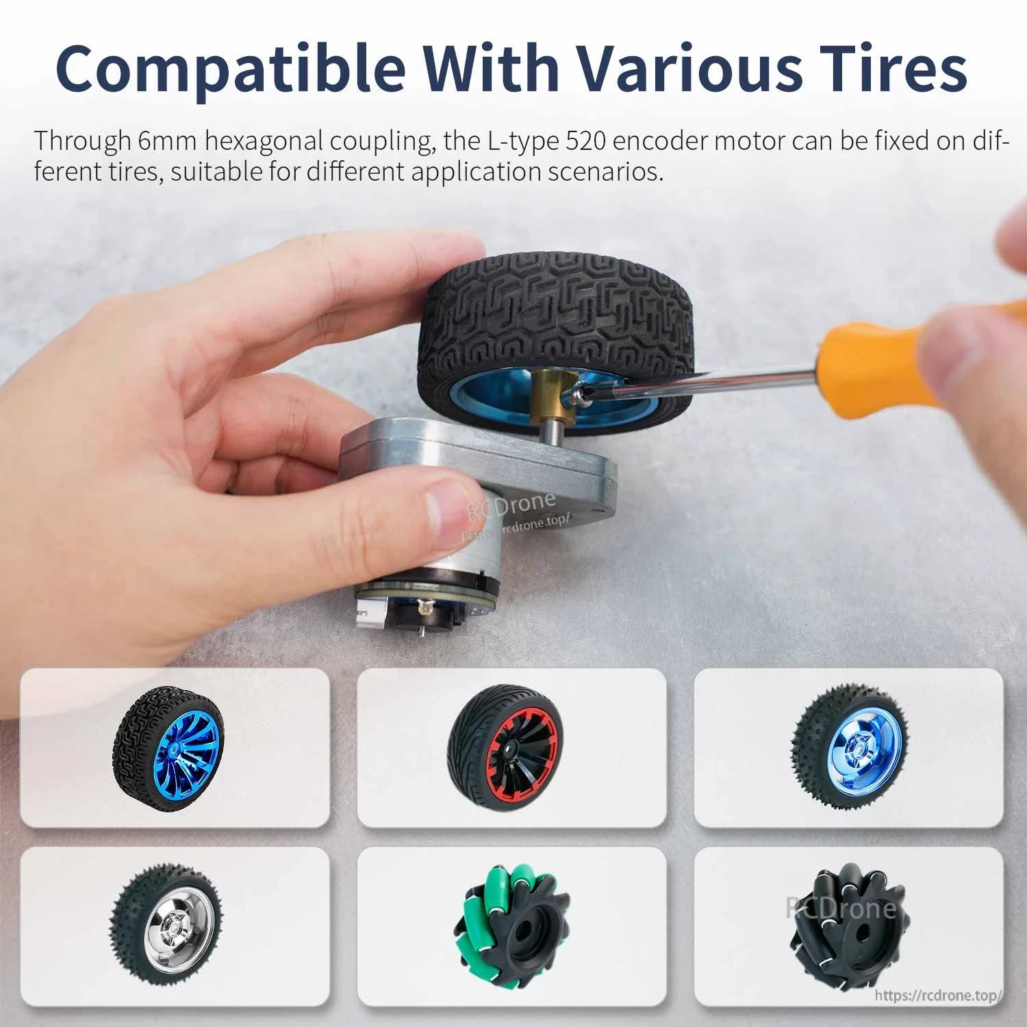 Hands installing wheel on motor using hex coupling; compatible tire examples shown below