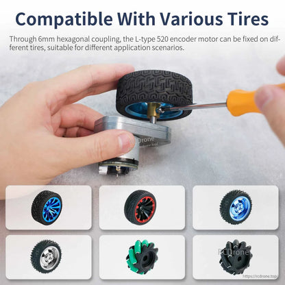 Hands installing wheel on motor using hex coupling; compatible tire examples shown below