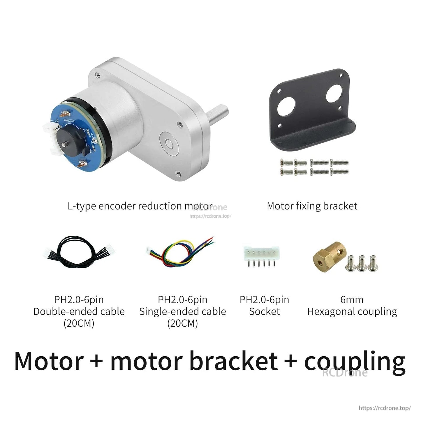 Motor kit with bracket, screws, 6mm hexagonal coupling, PH2.0 cables, and 6-pin socket