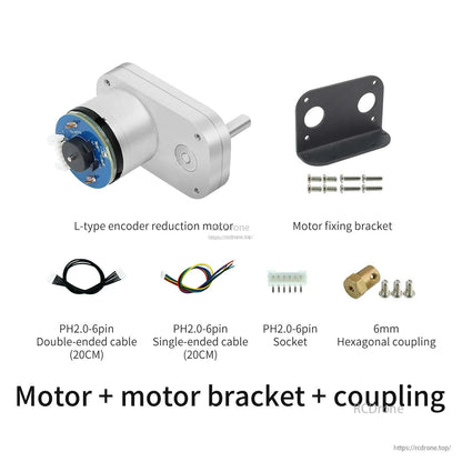 Motor kit with bracket, screws, 6mm hexagonal coupling, PH2.0 cables, and 6-pin socket