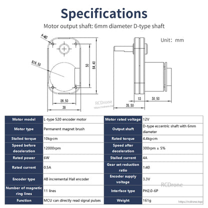 L-type 520 encoder motor specifications chart with dimension drawing and 6mm D-shaft details