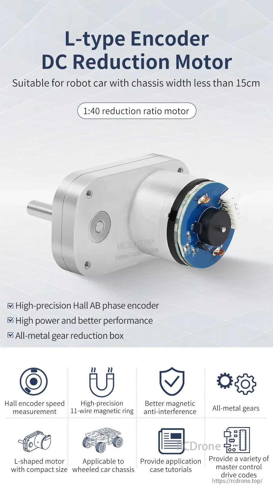 L-type 520 Encoder DC Reduction Motor with 1:40 gearbox and AB-phase Hall encoder, L-shaped compact body