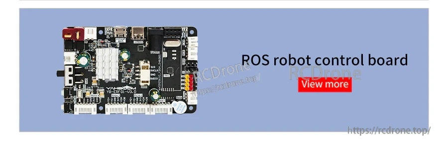 ROS robot control board PCB with multiple connectors, USB ports, and heatsink components on a blue background