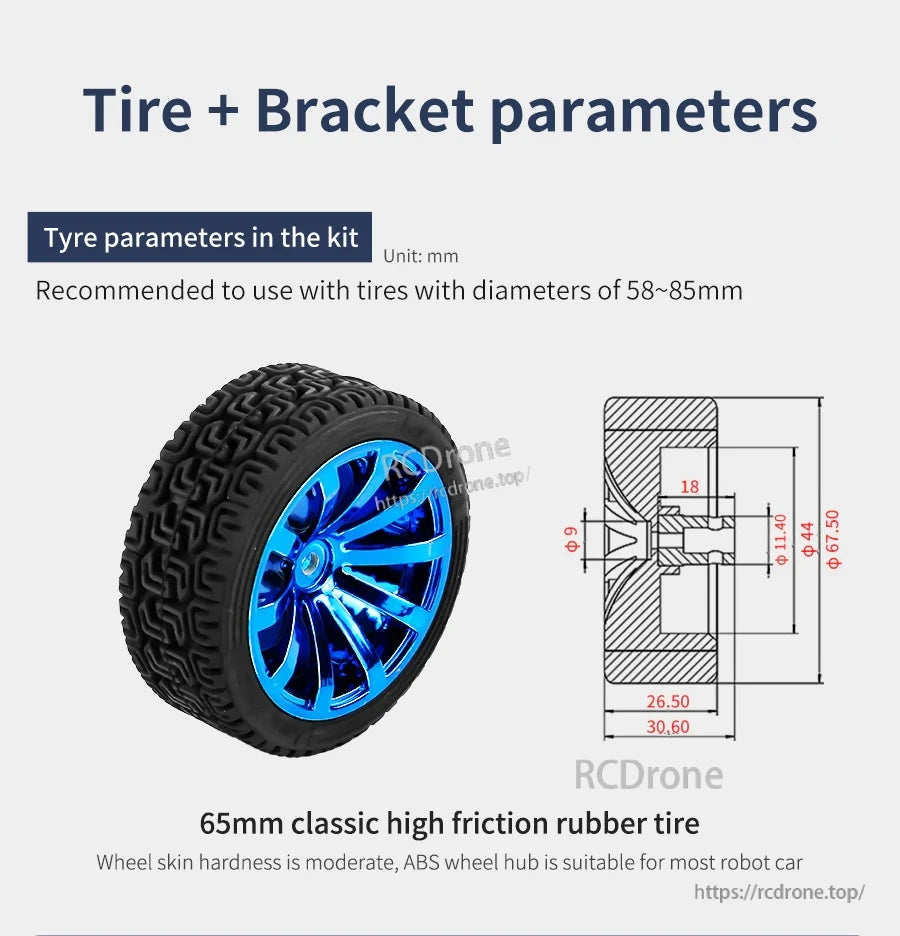 Robot wheel and tire parameters: 65mm high-friction rubber tire and hub drawing with recommended 58–85mm diameter range