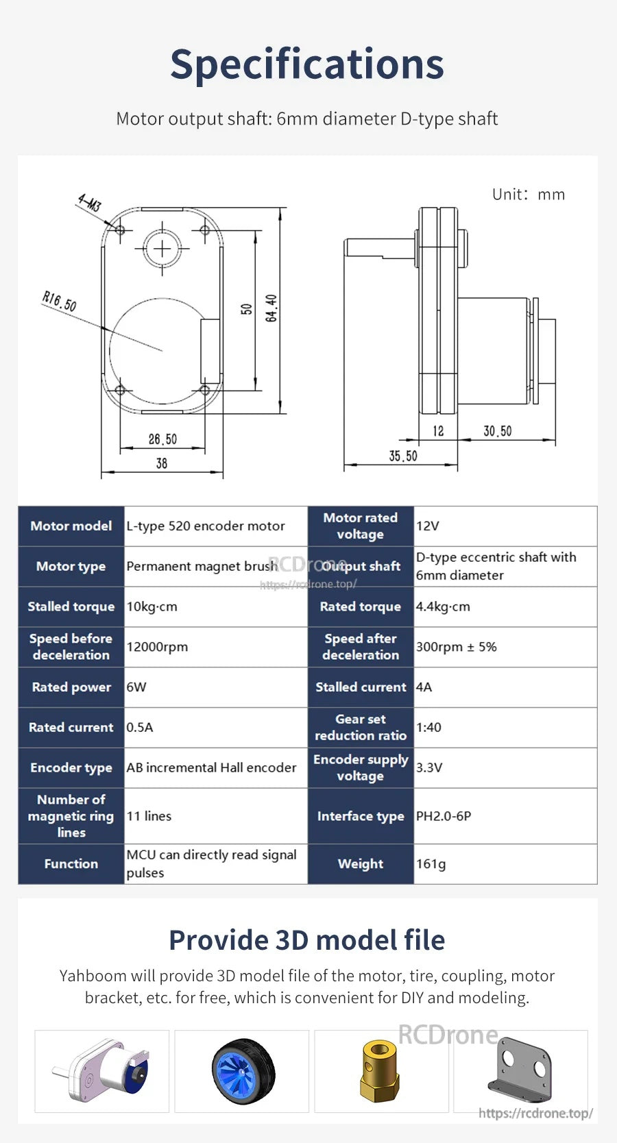 L-type 520 encoder motor specifications table with dimension drawing, 6mm D-shaft, 12V rating and encoder interface
