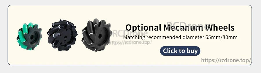 Banner for optional Mecanum wheels showing multiple rollers and recommended diameter options 65mm/80mm