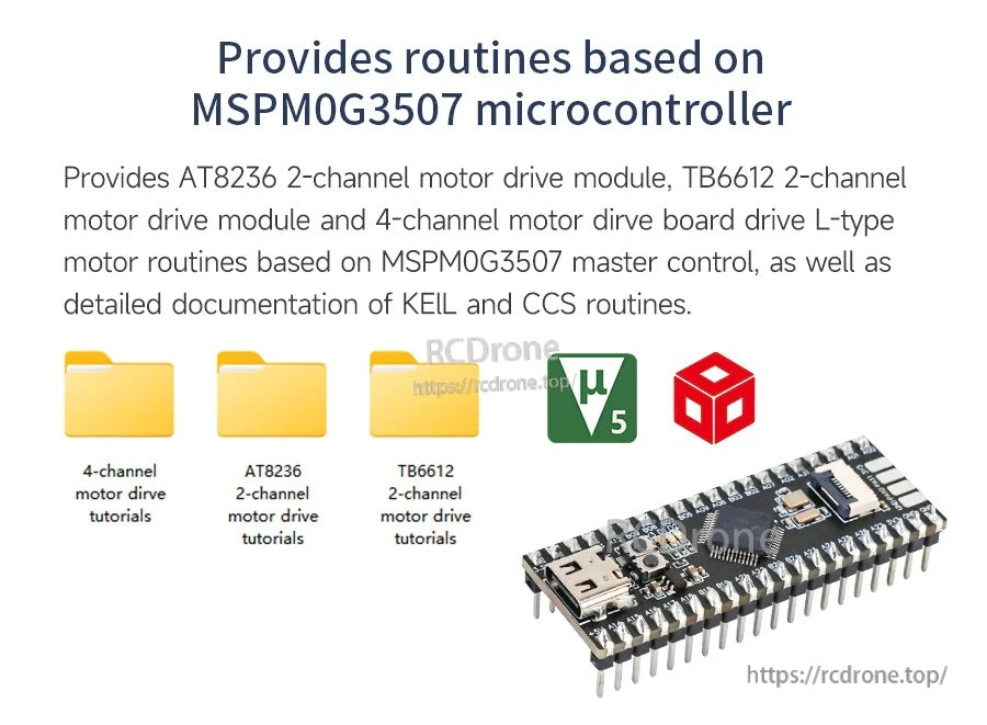 MSPM0G3507 microcontroller board with USB port, plus motor drive routine resources for AT8236 and TB6612.