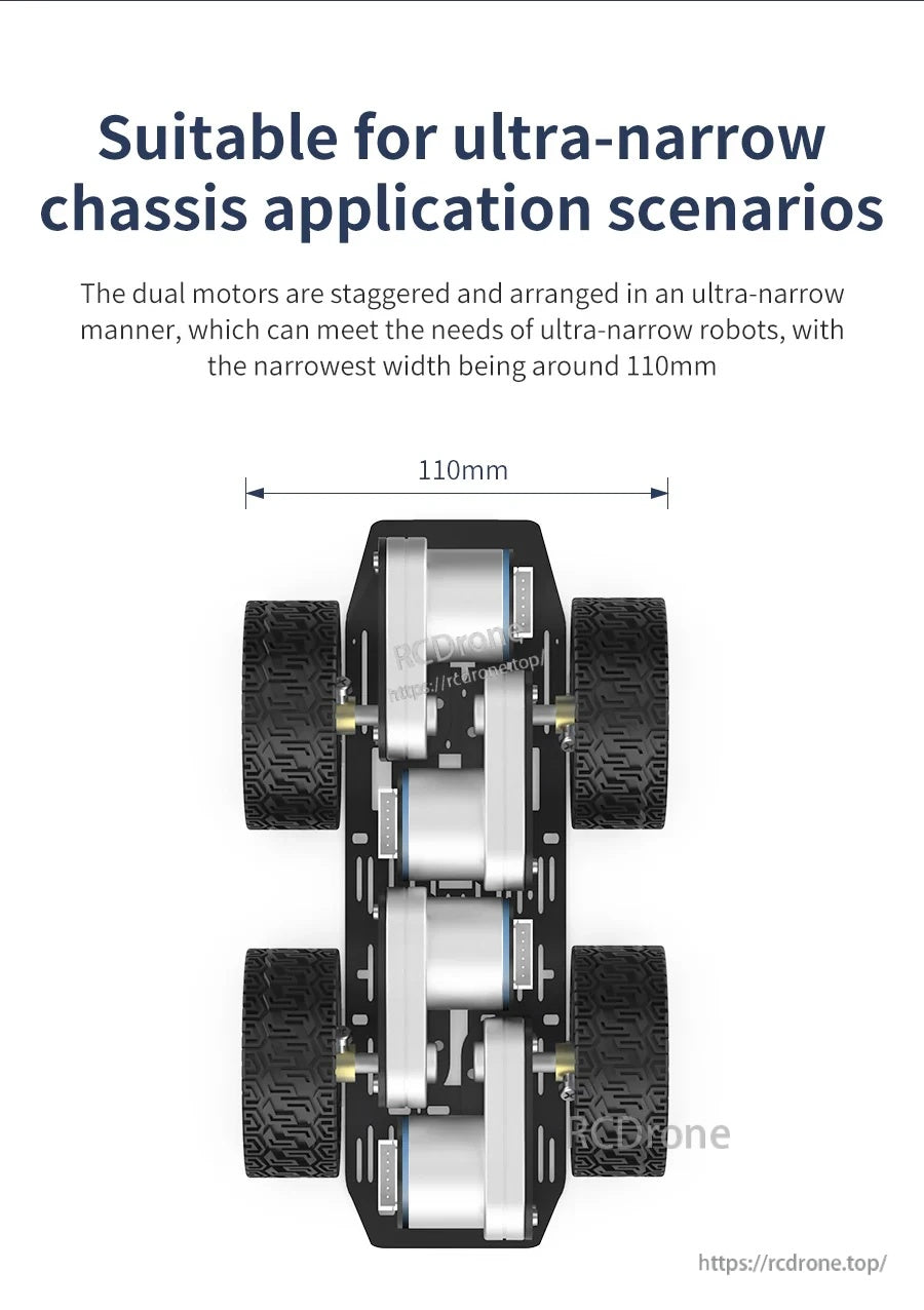 Ultra-narrow robot chassis layout with staggered dual L-shaped motors and 110mm minimum width annotation