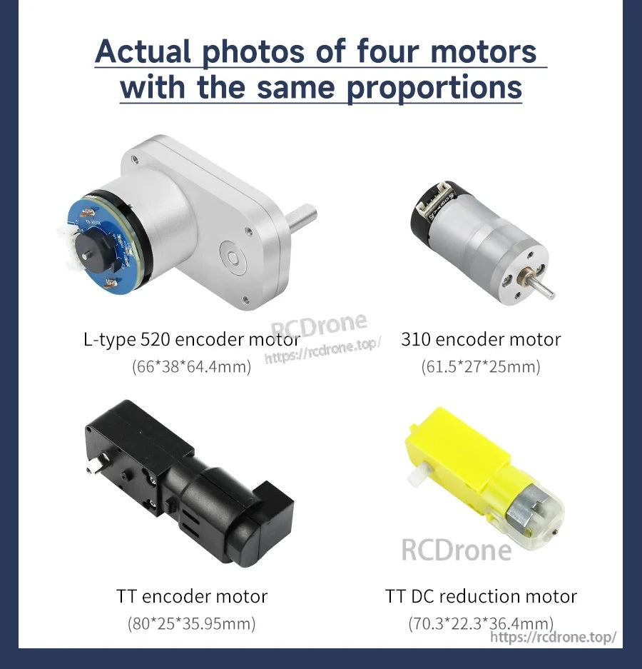 Size comparison of four motors with dimensions: L-type 520 encoder motor, 310 encoder motor, TT encoder, TT DC reduction
