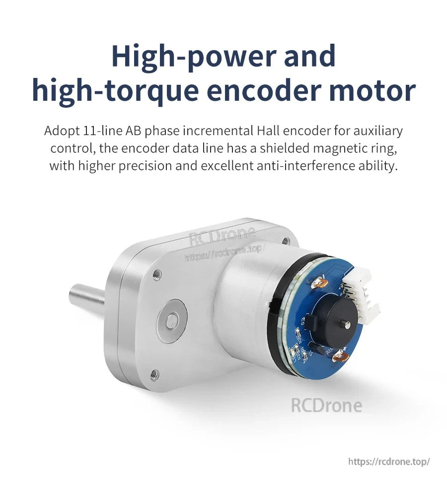 Close view of L-type gear motor emphasizing high-torque design and 11-line AB incremental Hall encoder board