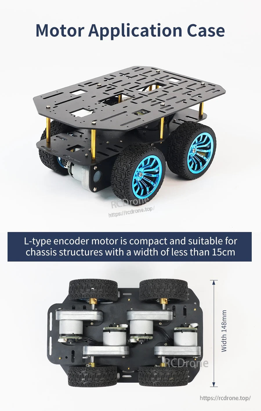 Motor application case showing robot car chassis assembly using L-type encoder motors, with width under 15cm noted