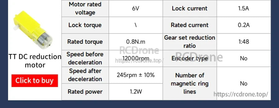 TT DC reduction motor parameter table for comparison, showing 6V rating, 1:48 gearbox and no encoder