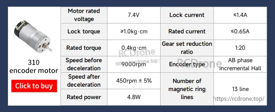 310 encoder motor parameter table for comparison, showing 7.4V rating, 1:20 gearbox and AB incremental Hall encoder