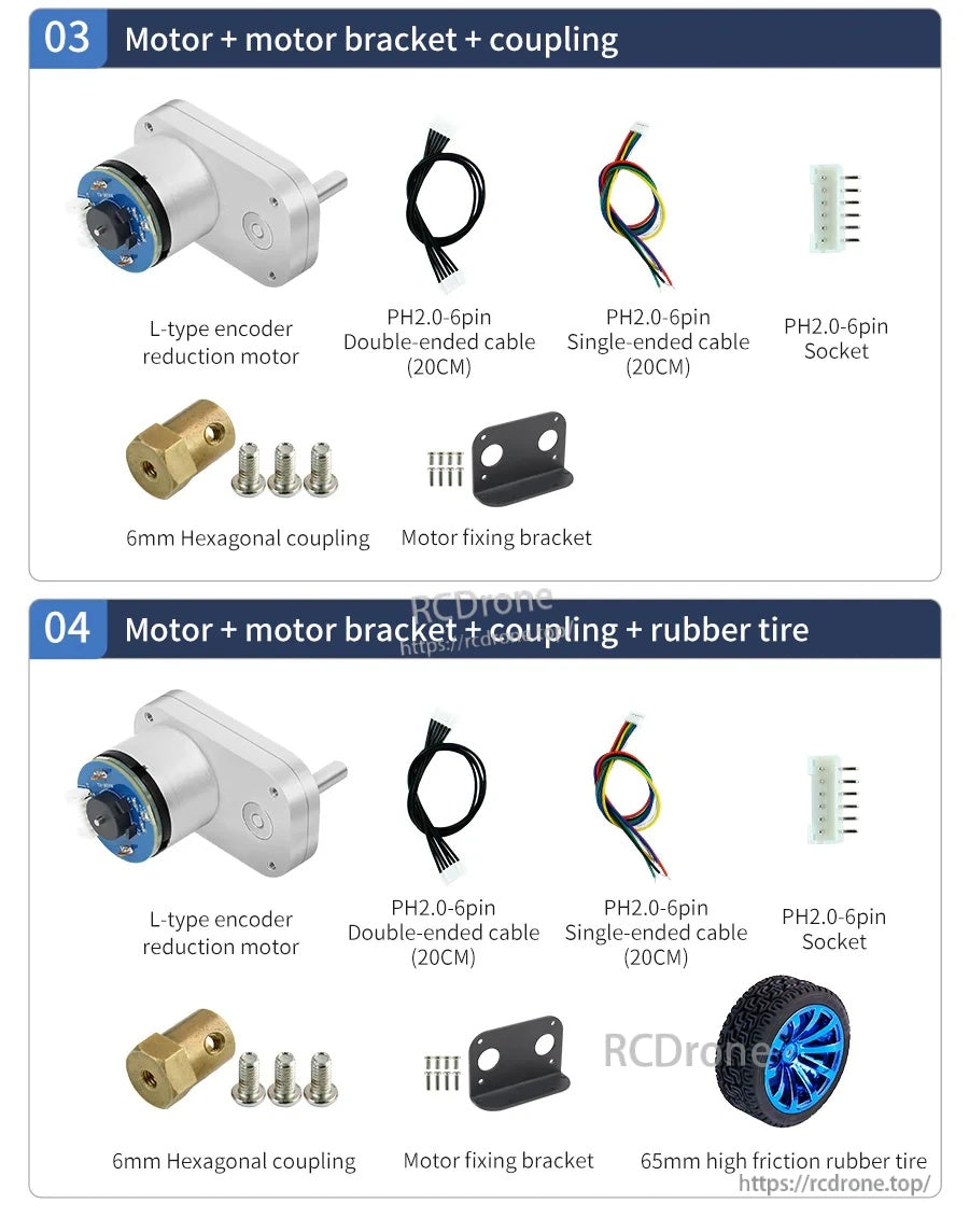 L-type 520 encoder DC reduction motor kit with mounting bracket, hex coupling, cables, socket, and optional rubber tire