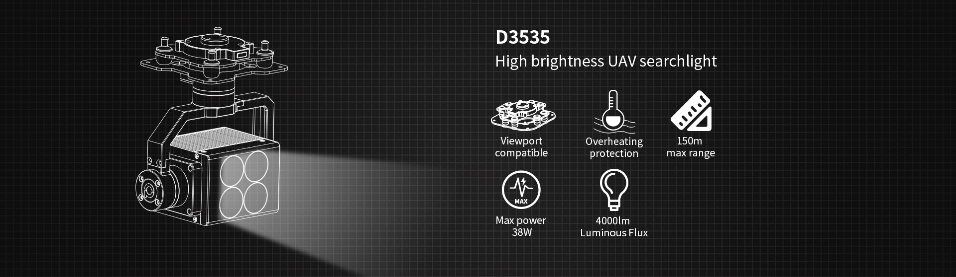 L4 Searchlight Drone, High-brightness UAV searchlight with up to 150m range, compatible viewport protection, overheating prevention, and max power of 38W.